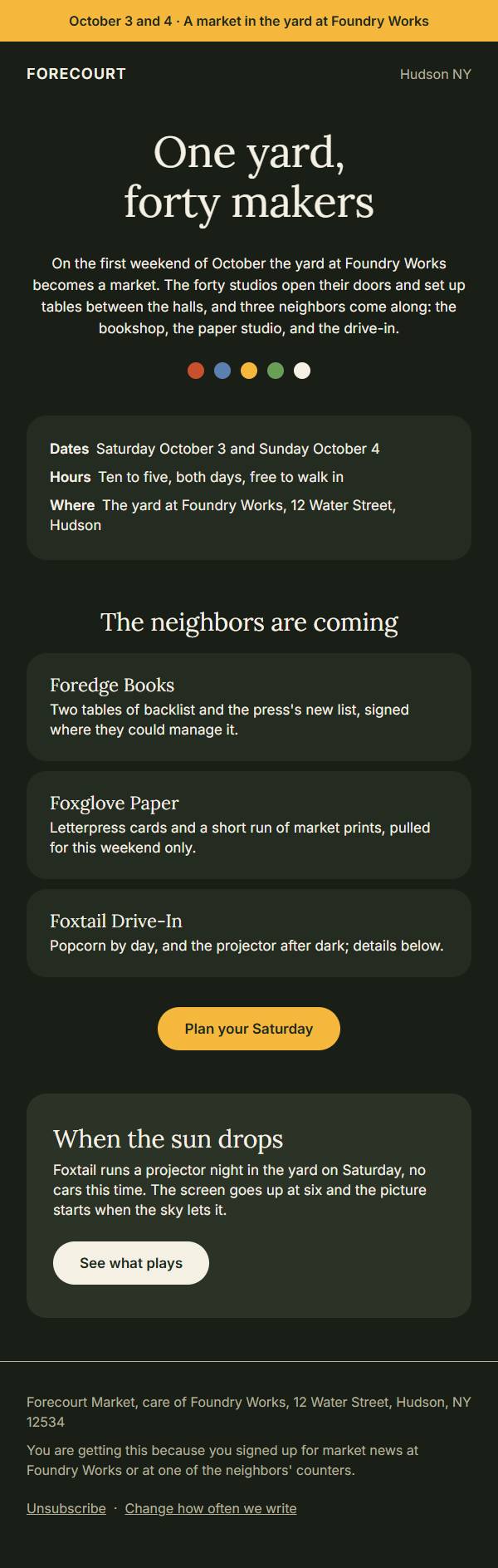 The same email rendered in dark mode: the grounds go dark, the text turns oat, and the band, the pills, and the beads hold their colors