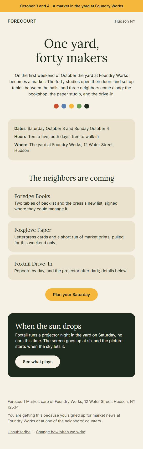 The full market weekend email rendered in light mode: hedge ink on an oat canvas, rye cards, one marigold pill