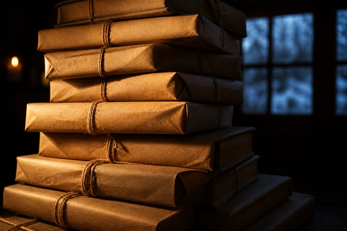Kraft-wrapped books stacked high against a dark winter window